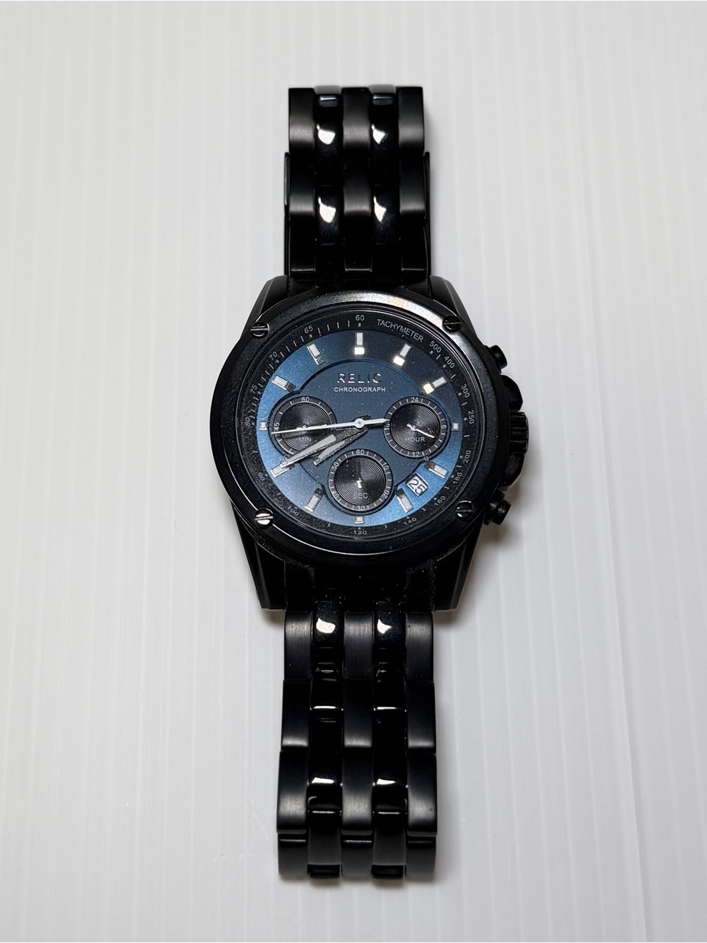Relic Men’s Chronograph Black Stainless Steel Watch Blue Dial Date